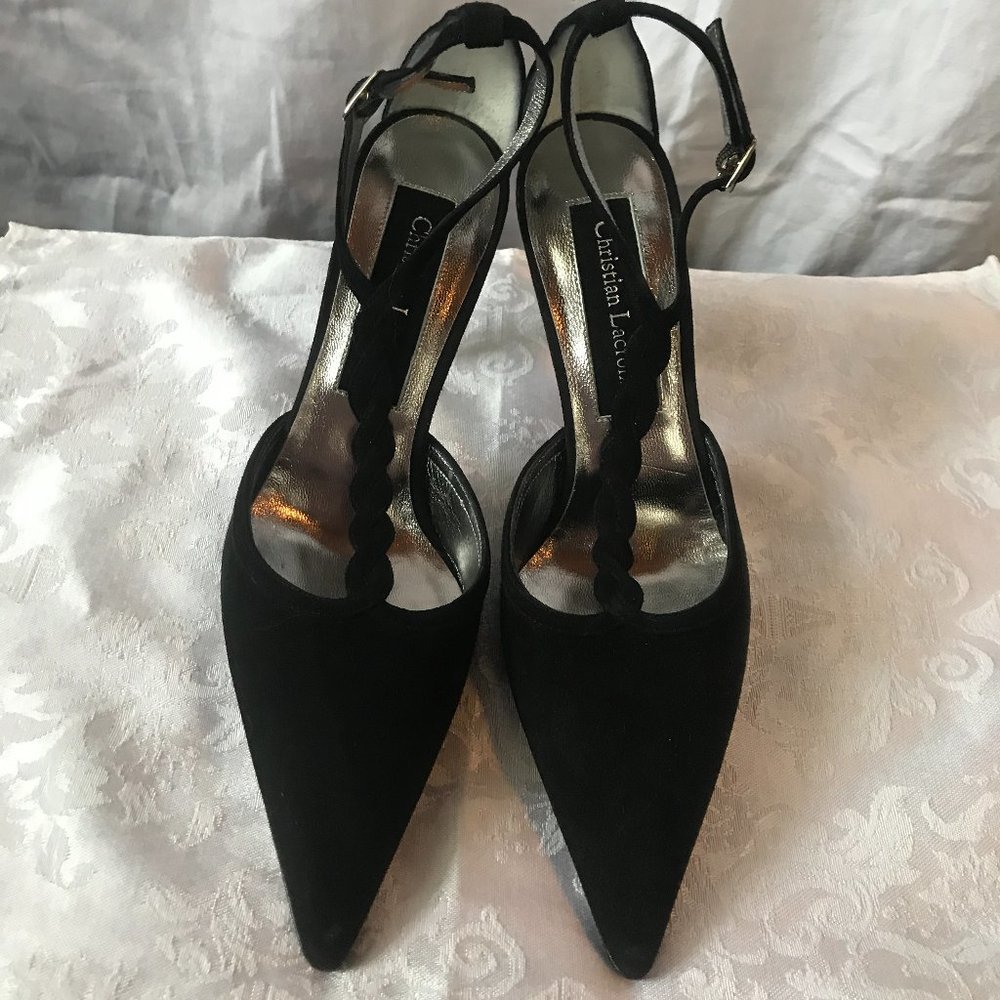 NEW Christian Lacroix Suede Heels Braided T Strap